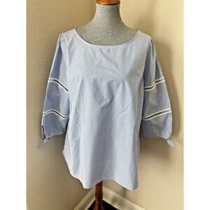 Talbot's Women's Size XL Blue Pinstriped Crochet Inset 3/4 Sleeve Blouse - NWT